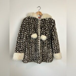 1970s Vintage Faux Fur Hooded Jacket with Pom Poms
